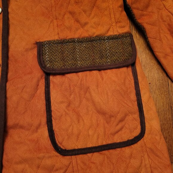 Tasha Polizzi Orange Quilted Coat L Leopard Print Lining Brown Tweed Trim Patche - Picture 7 of 10